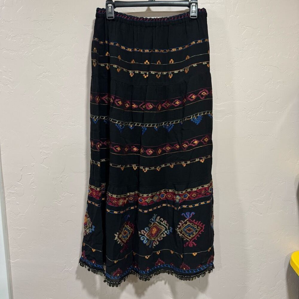 CHICOS Lied Gypsy Maxi Skirt with Embroidery and Coins size 1